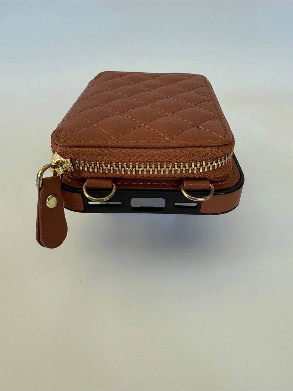 Brown Quilted Zipper Wallet Phone Case for iPhone 16 ProMax
